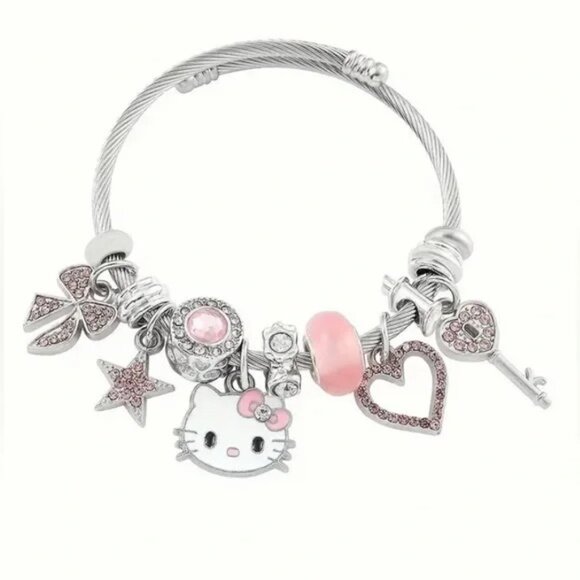 Hello Kitty Charm Bracelet Adjustable Bangle with Dangle Charms Pink & Silver - Picture 2 of 5